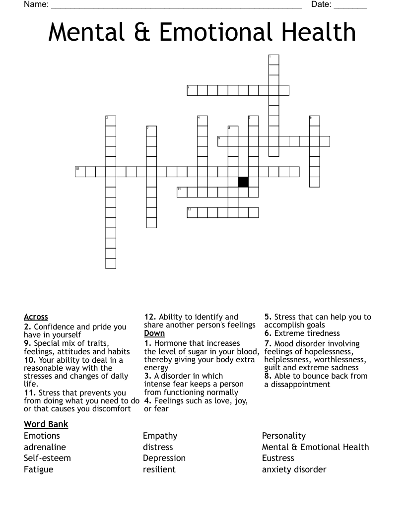 Mental & Emotional Health Crossword