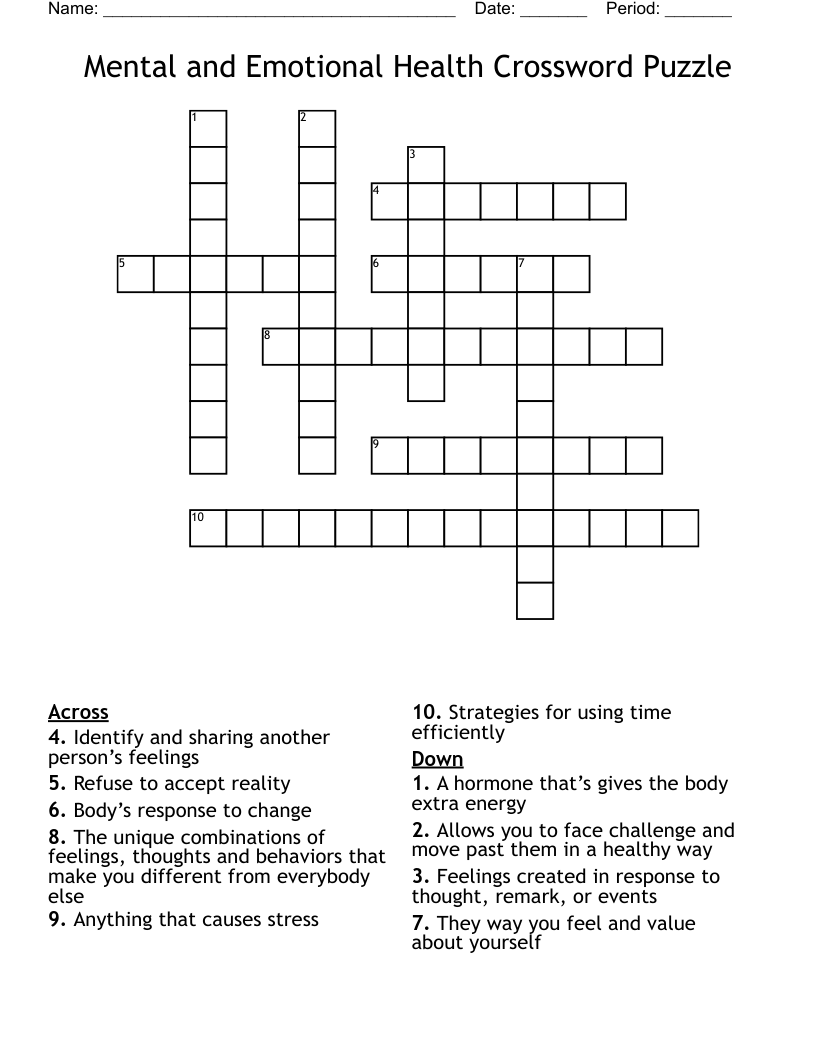 Mental and Emotional Health Crossword Puzzle