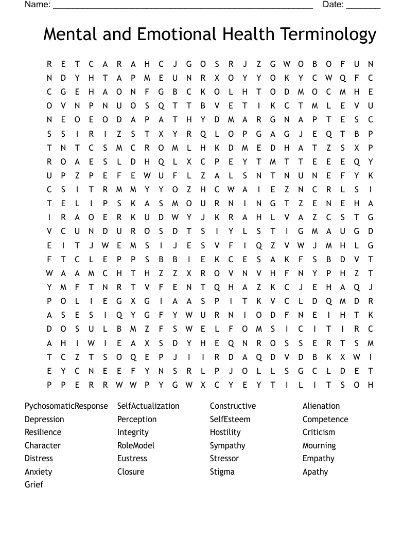 Mental and Emotional Health Terminology Word Search