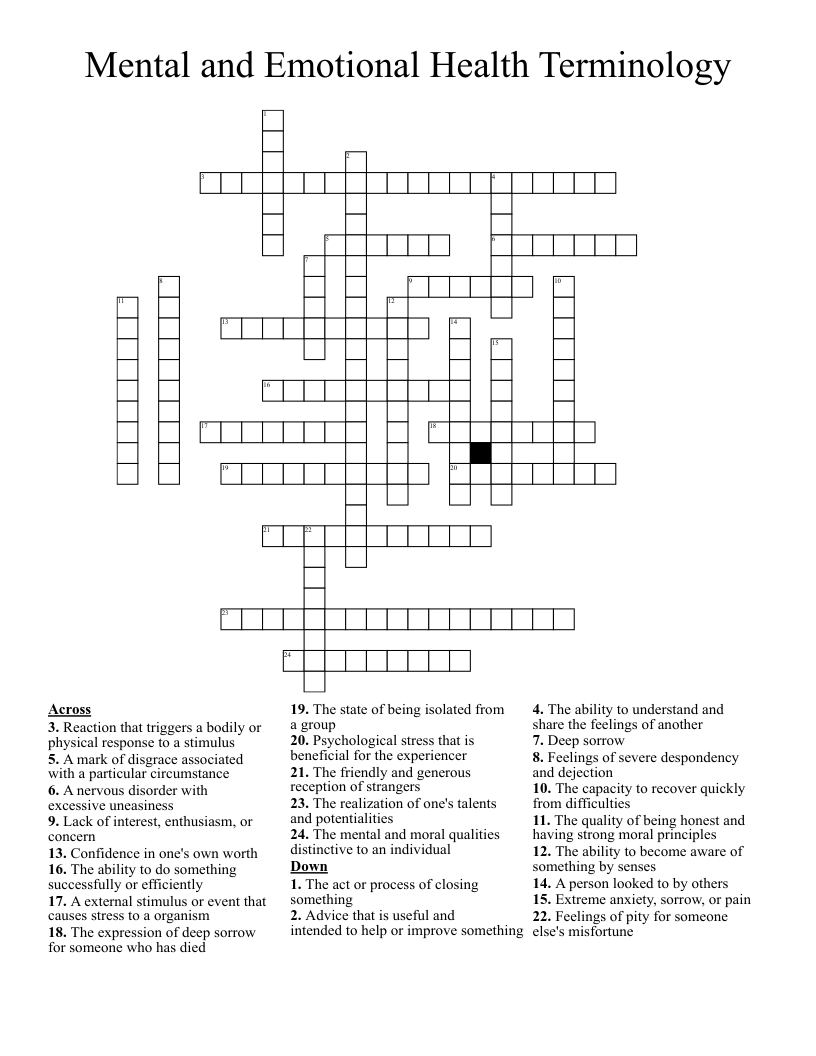 Mental and Emotional Health Terminology Crossword