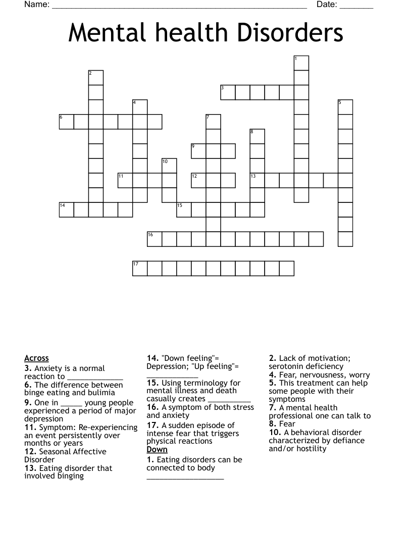 Mental health Disorders Crossword