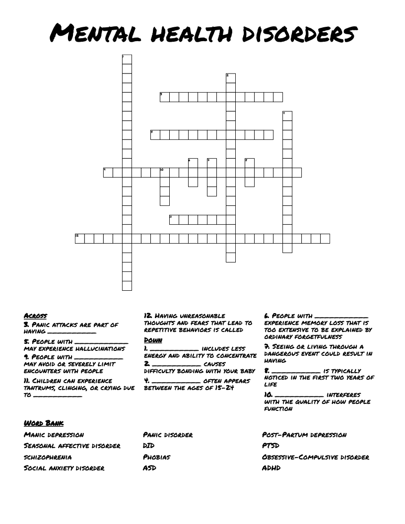 Mental health disorders Crossword