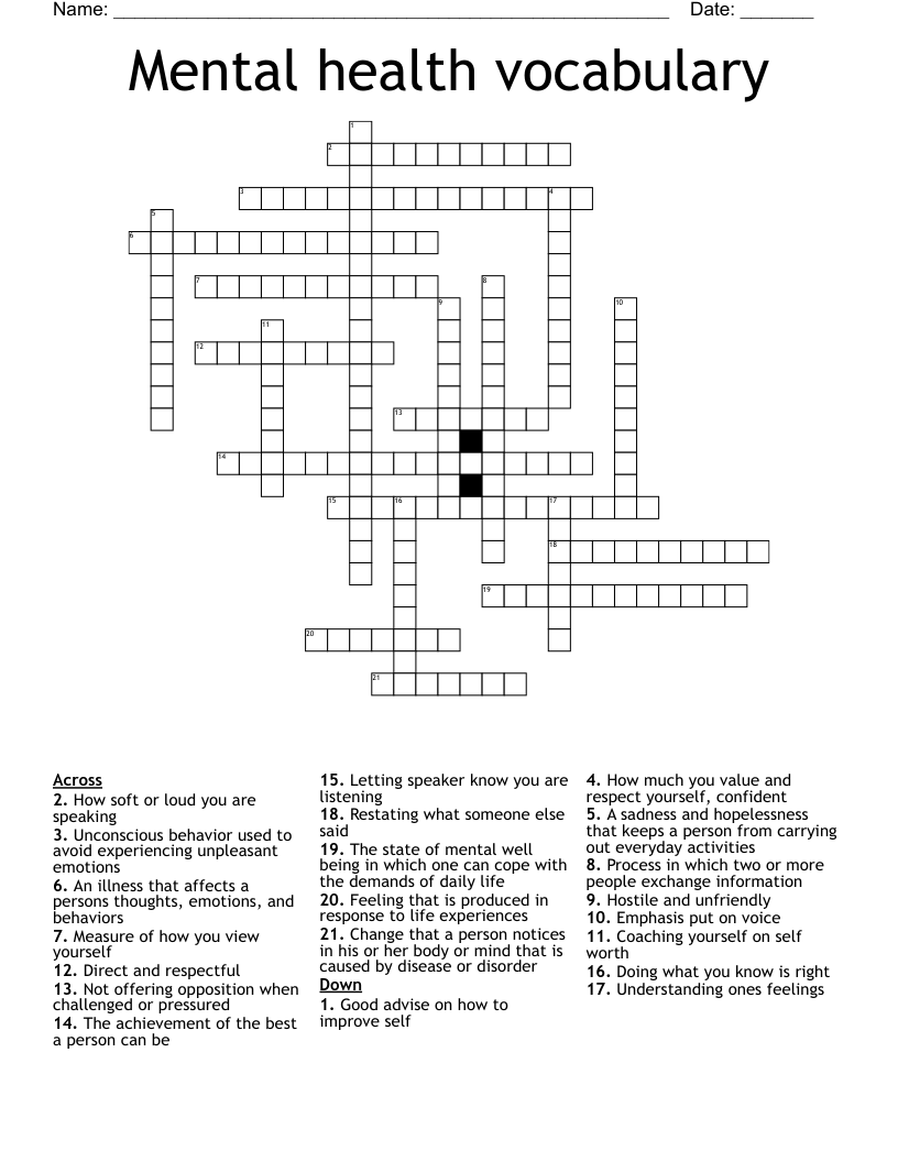 Mental health vocabulary  Crossword