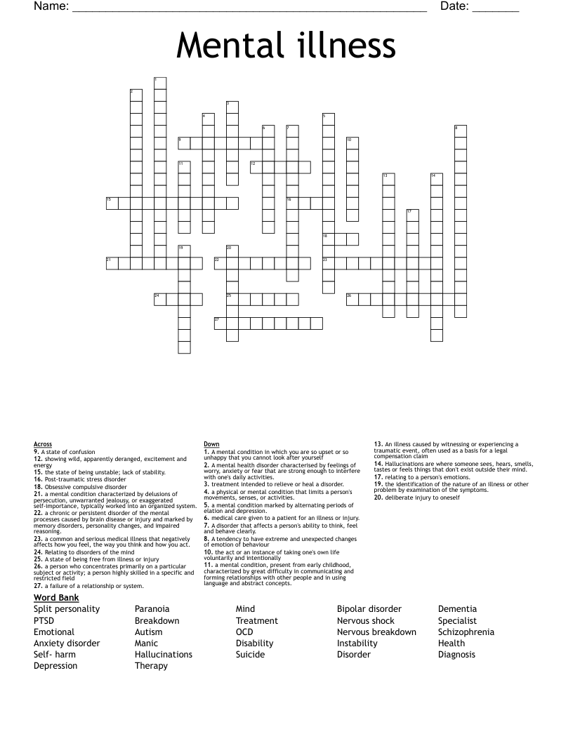 Mental illness Crossword