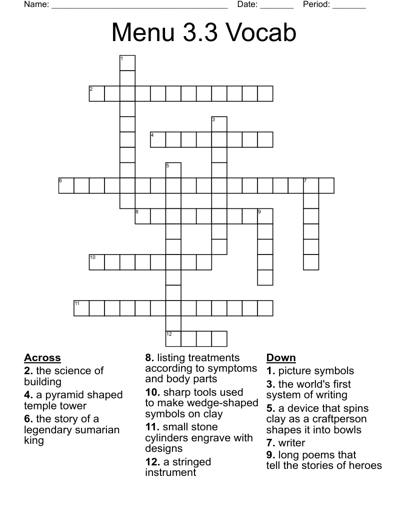 Menu 3.3 Vocab Crossword