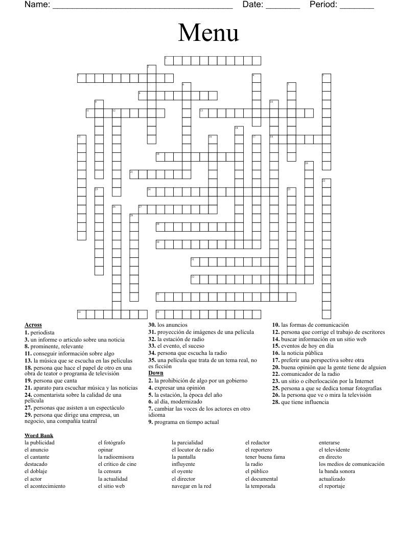 Menu Crossword