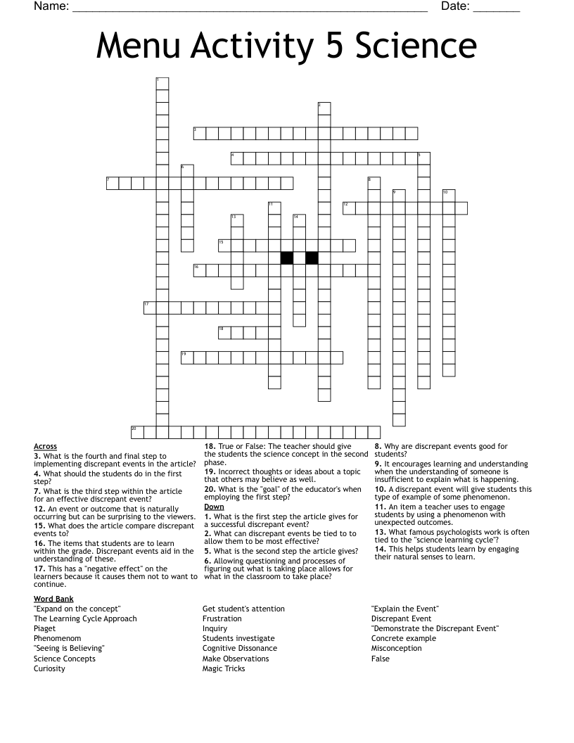Menu Activity 5 Science Crossword