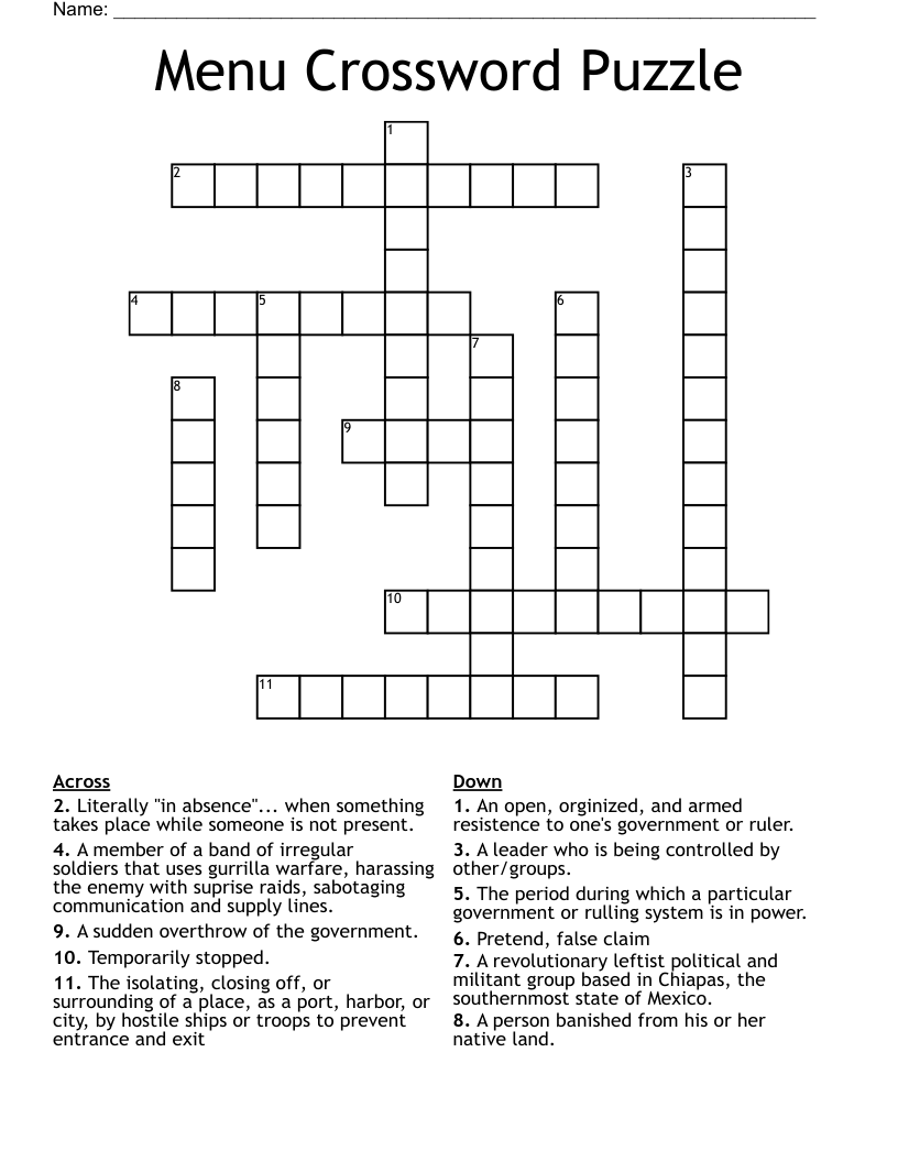 Menu Crossword Puzzle