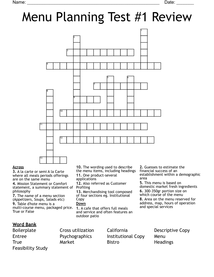 Menu Planning Test #1 Review Crossword