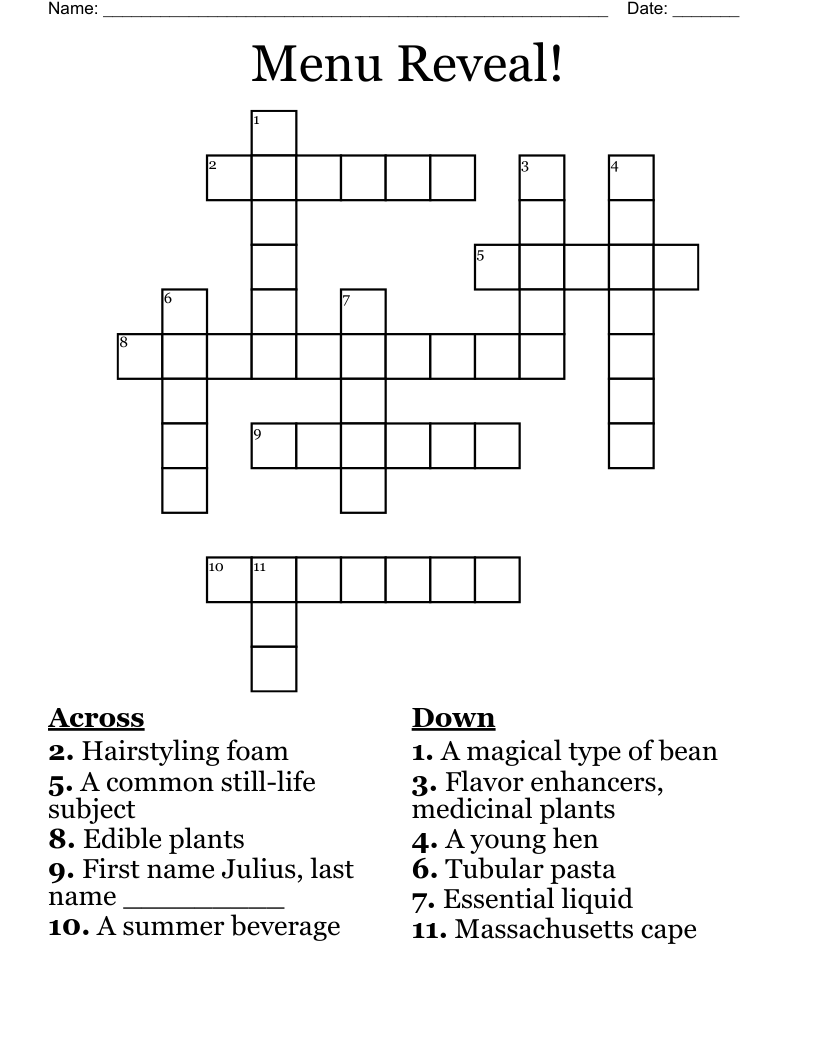 Menu Reveal!  Crossword