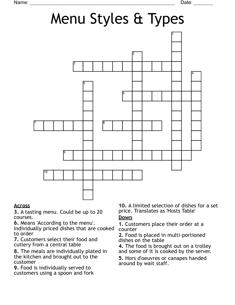 Menu Styles & Types Crossword