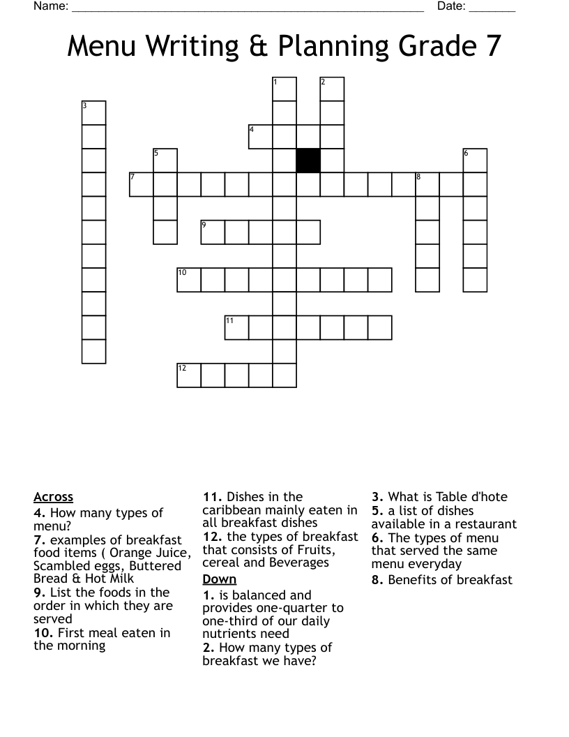 Menu Writing &  Planning Grade 7  Crossword