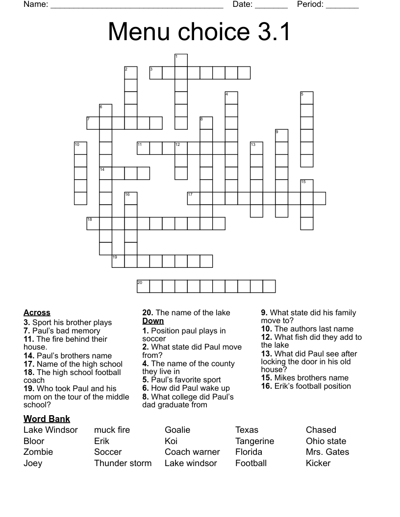 Menu choice 3.1 Crossword