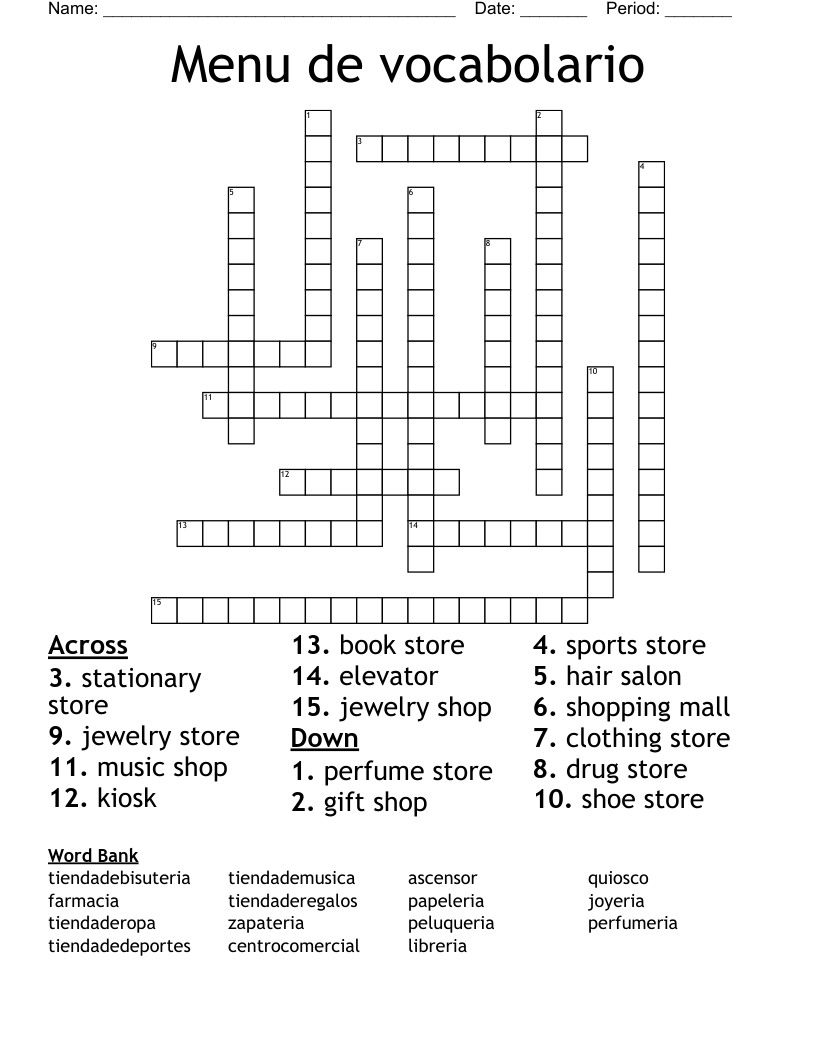 Menu de vocabolario Crossword