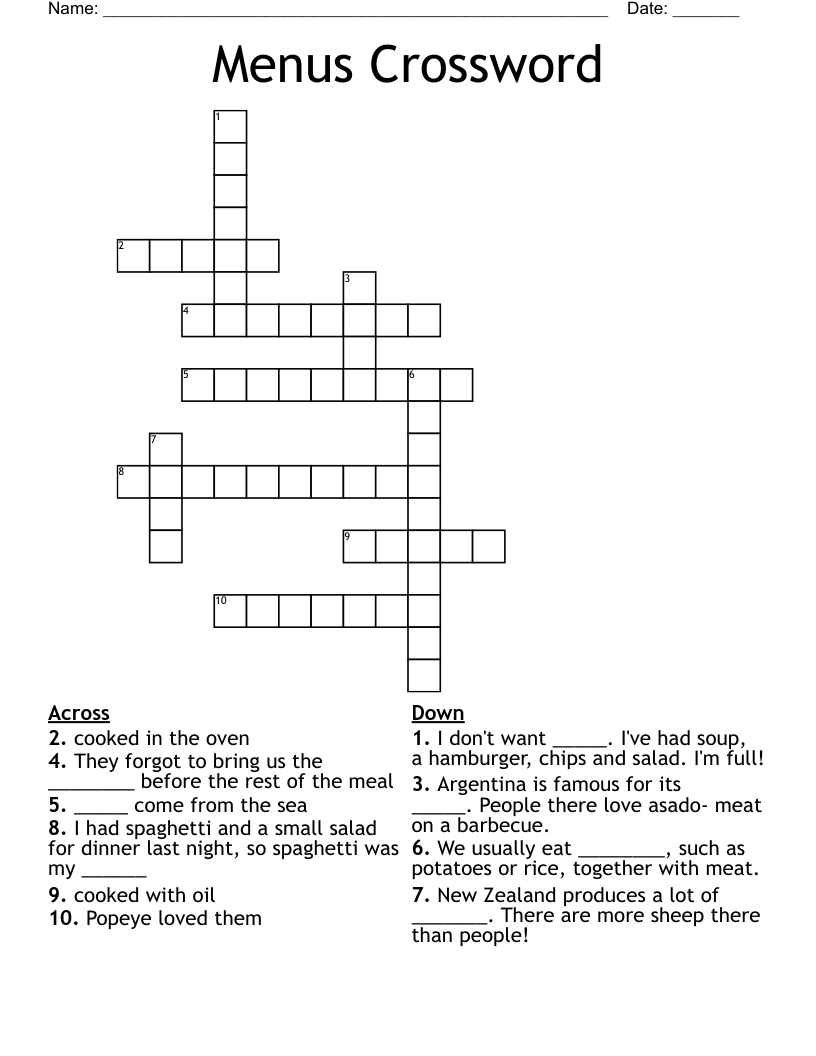 Menus Crossword