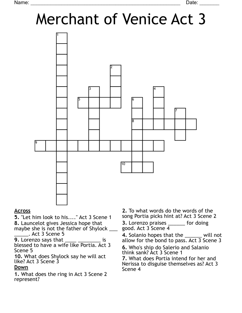 Merchant of Venice Act 3 Crossword