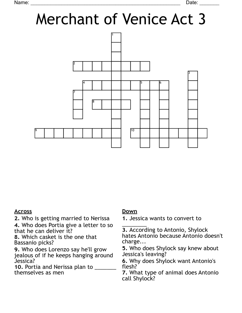 Merchant of Venice Act 3 Crossword