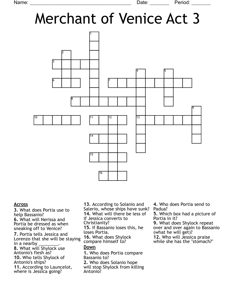 Merchant of Venice Act 3 Crossword