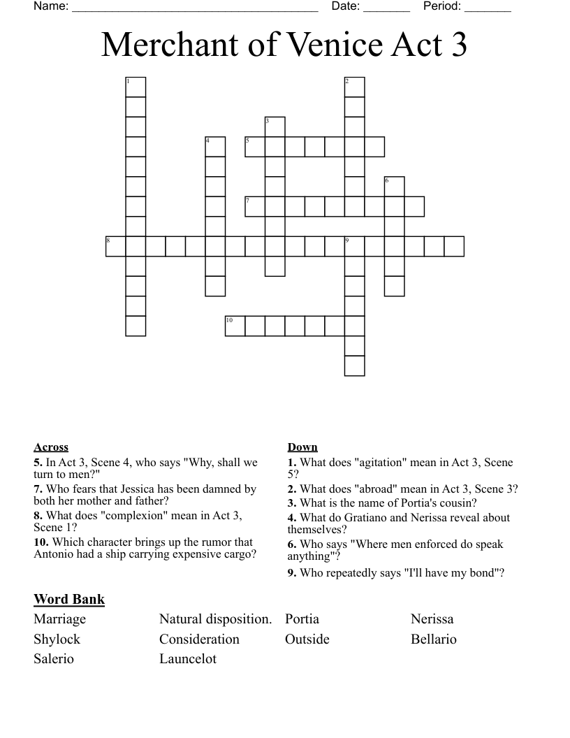 Merchant of Venice Act 3 Crossword