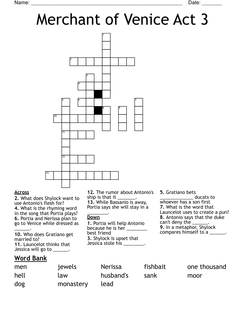 Merchant of Venice Act 3 Crossword