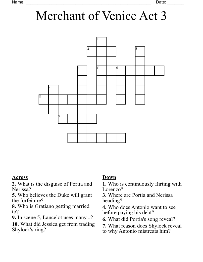 Merchant of Venice Act 3 Crossword