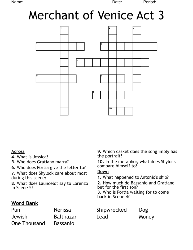 Merchant of Venice Act 3 Crossword
