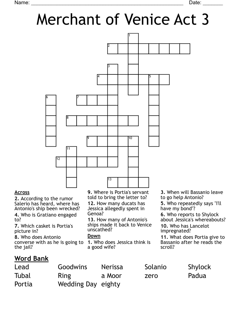 Merchant of Venice Act 3 Crossword