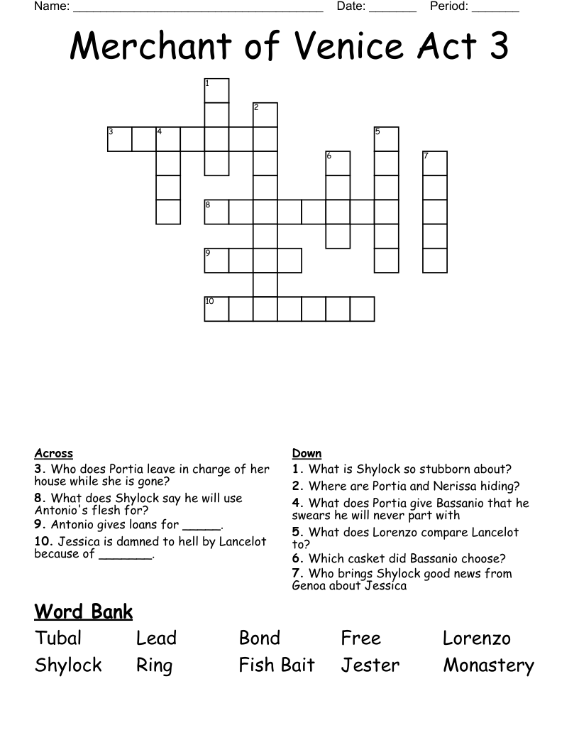 Merchant of Venice Act 3 Crossword
