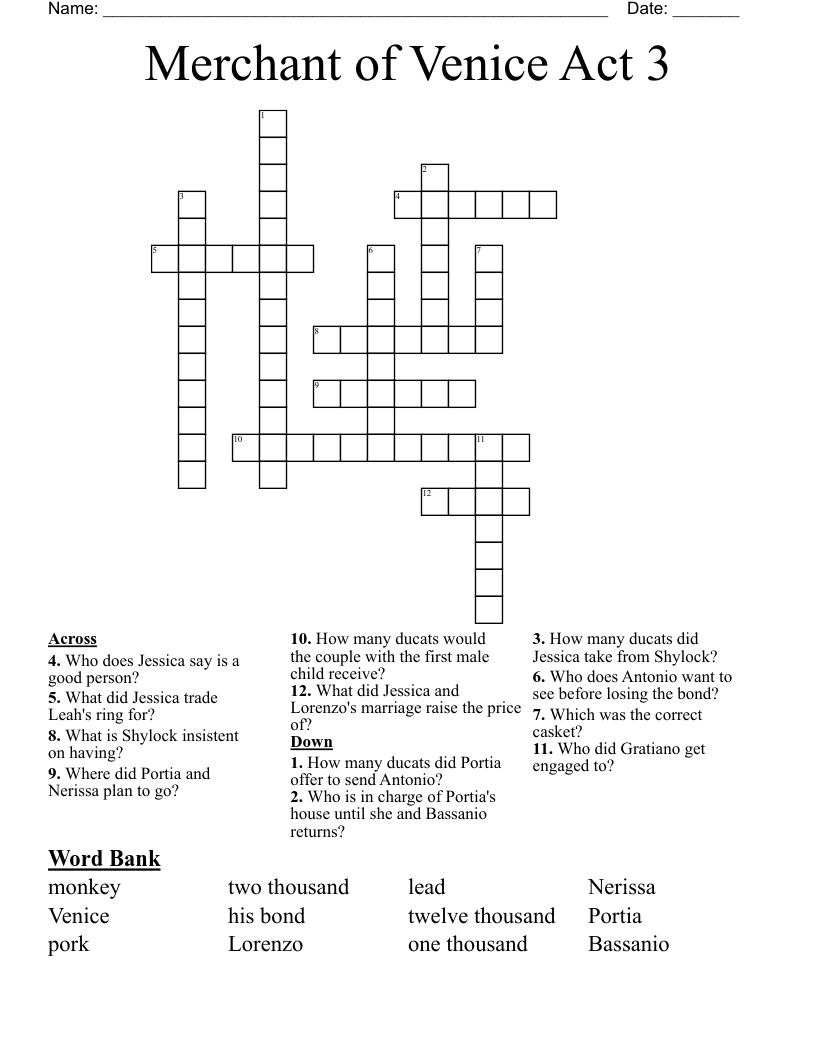 Merchant of Venice Act 3 Crossword