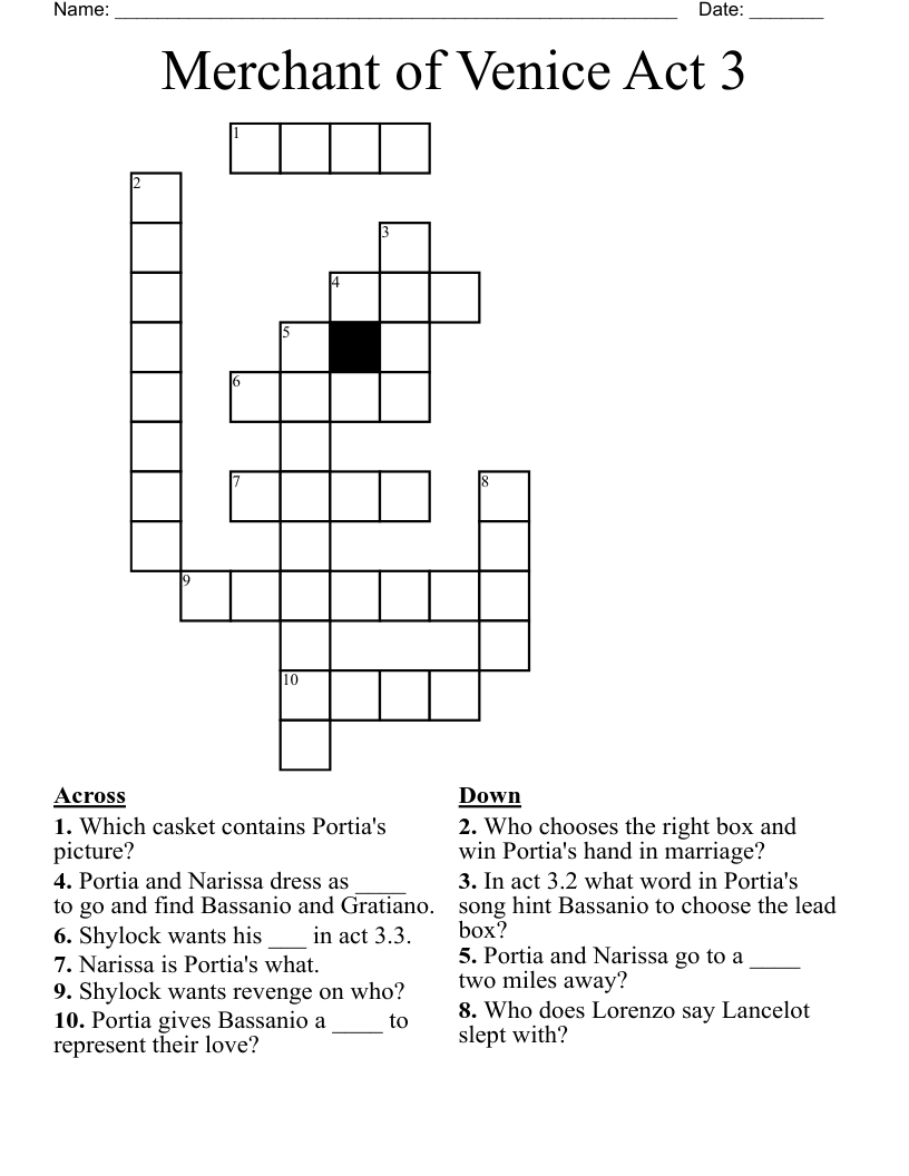 Merchant of Venice Act 3 Crossword