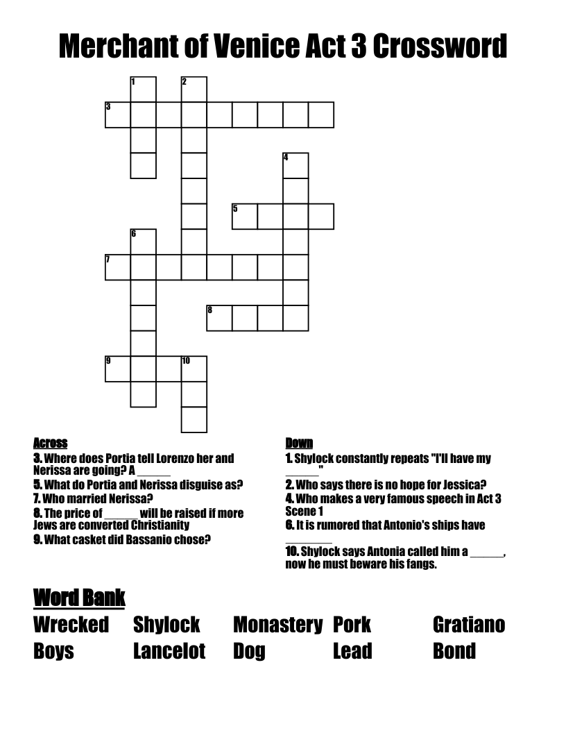 Merchant of Venice Act 3 Crossword