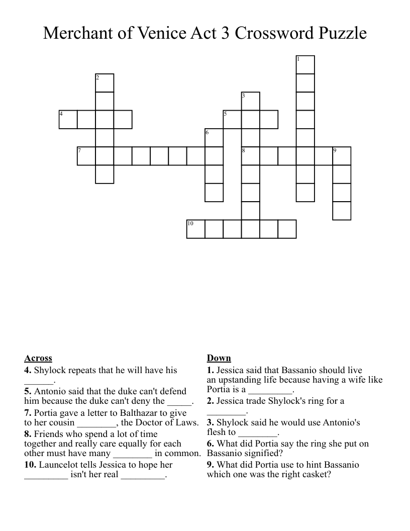 Merchant of Venice Act 3 Crossword Puzzle