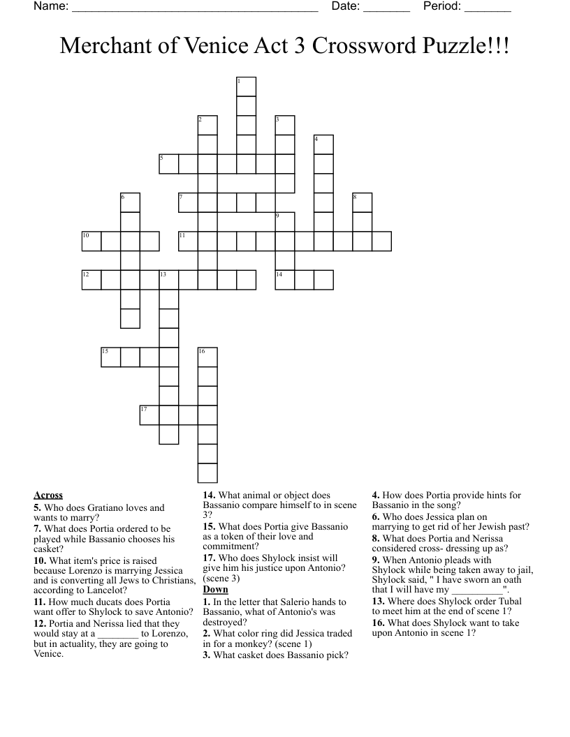 Merchant of Venice Act 3 Crossword Puzzle!!!