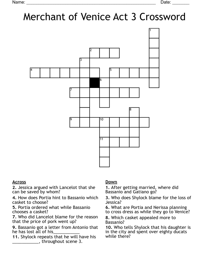 Merchant of Venice Act 3 Crossword 