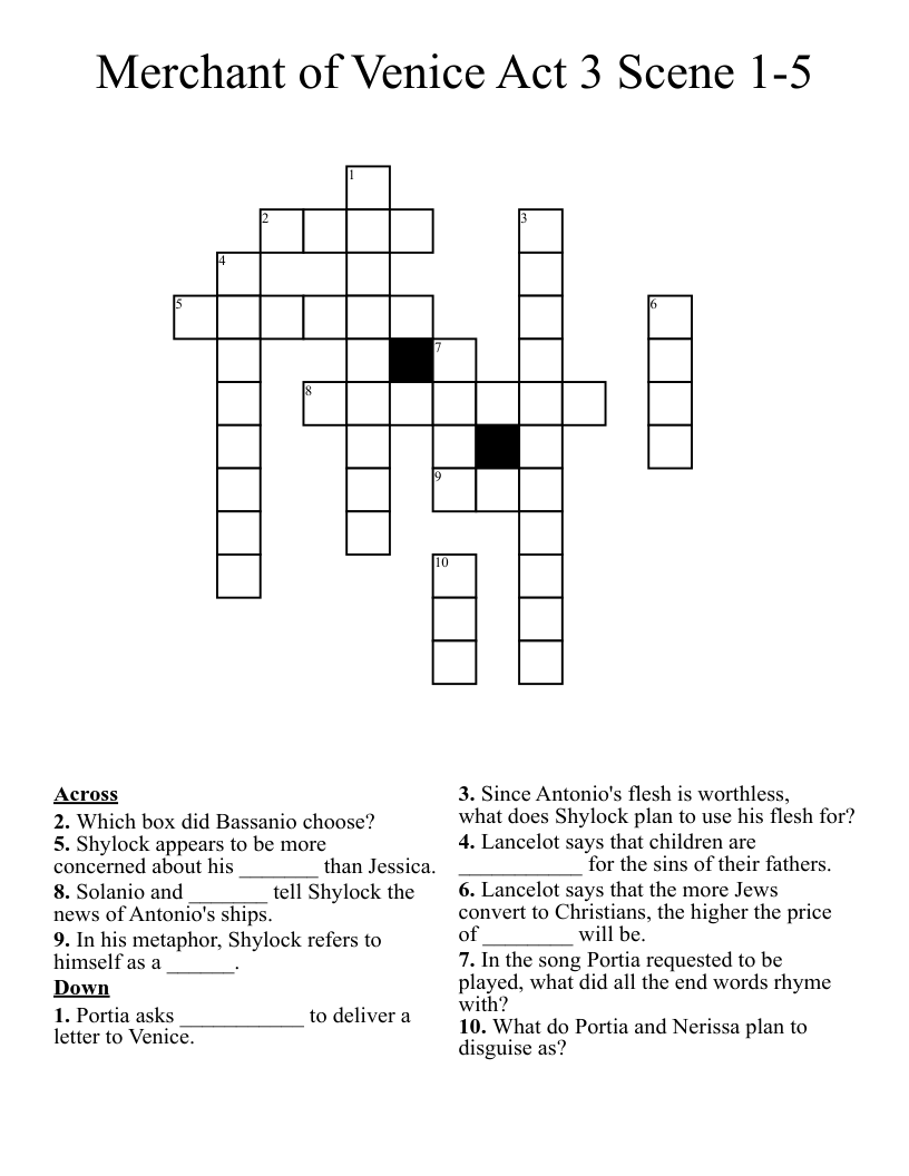 Merchant of Venice Act 3 Scene 1-5 Crossword