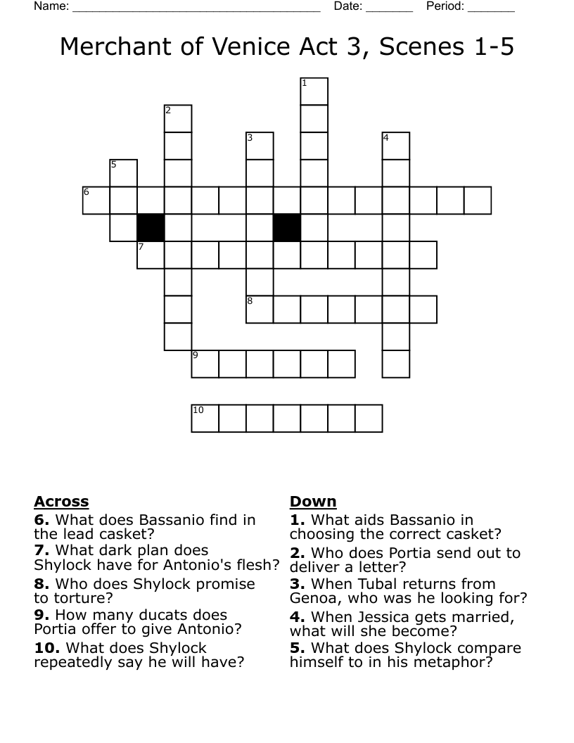 Merchant of Venice Act 3, Scenes 1-5 Crossword