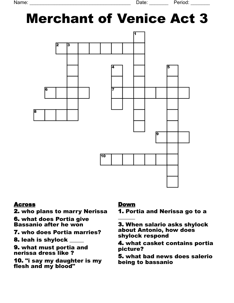 Merchant of Venice Act 3  Crossword