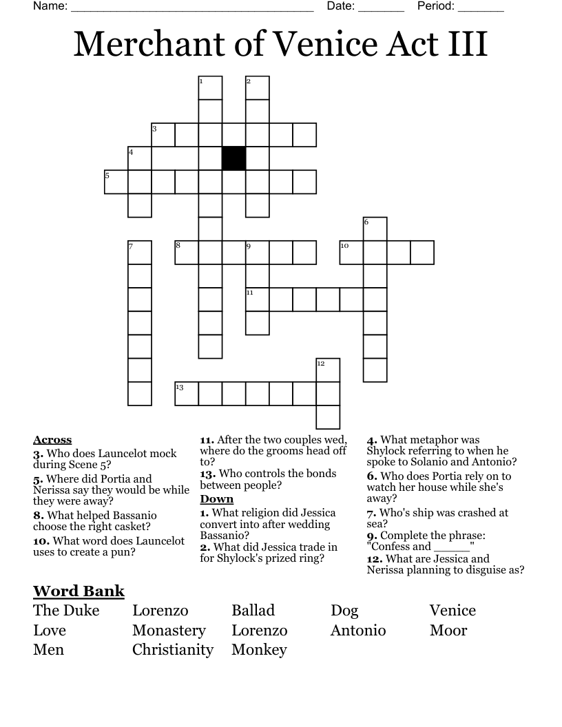 Merchant of Venice Act III Crossword