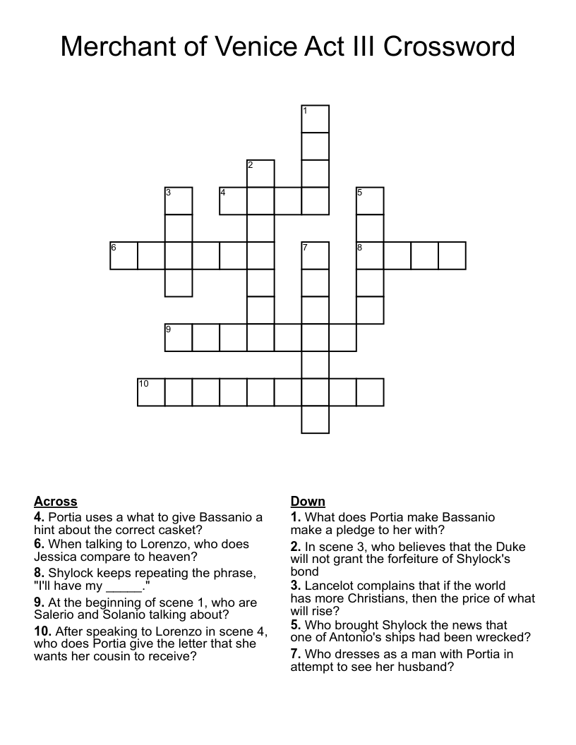 Merchant of Venice Act III Crossword
