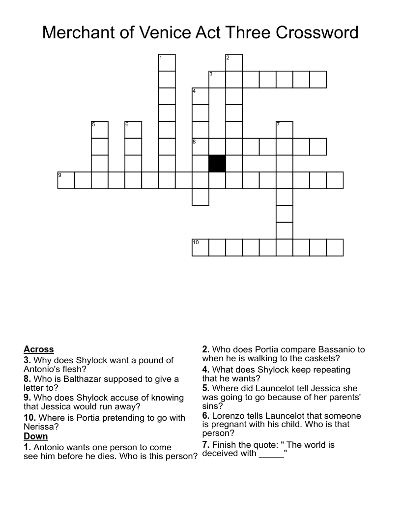 Merchant of Venice Act Three Crossword