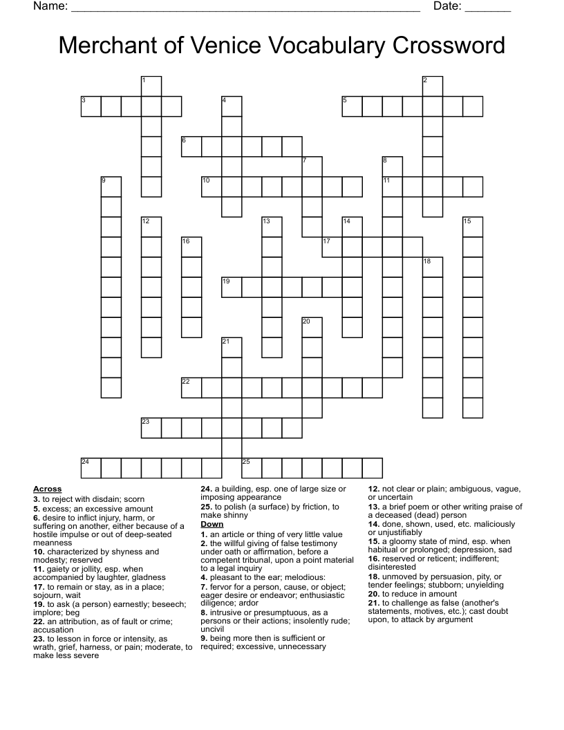 Merchant of Venice Vocabulary Crossword