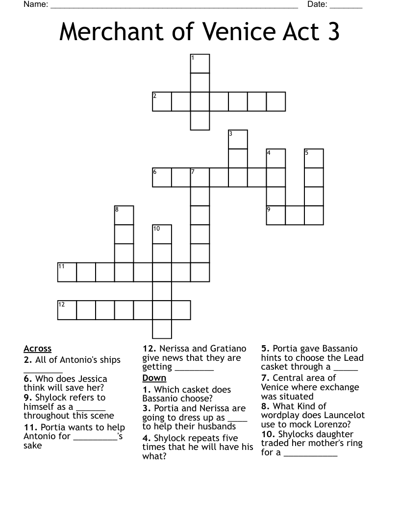 Merchant of Venice  Act 3 Crossword