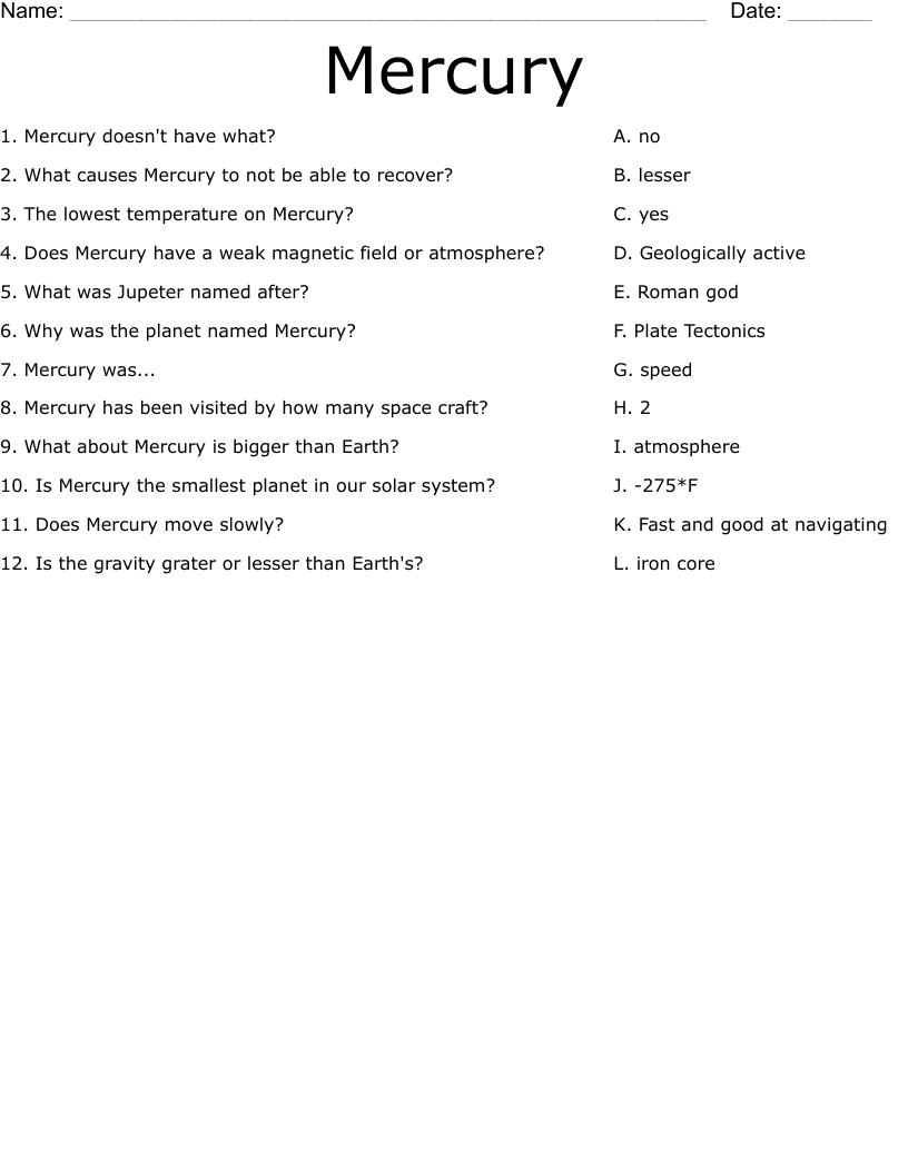 Mercury Worksheet
