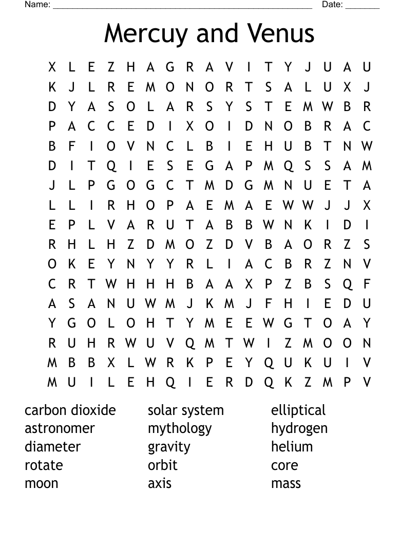 Mercuy and Venus Word Search