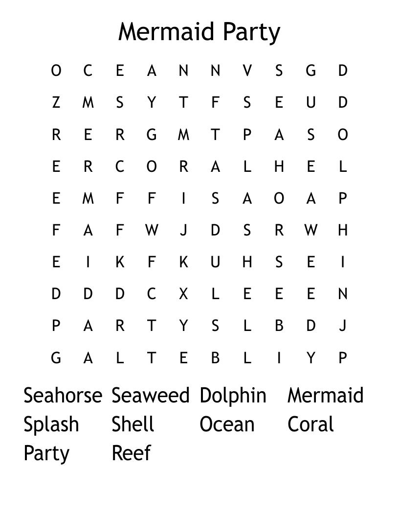 Mermaid Party  Word Search