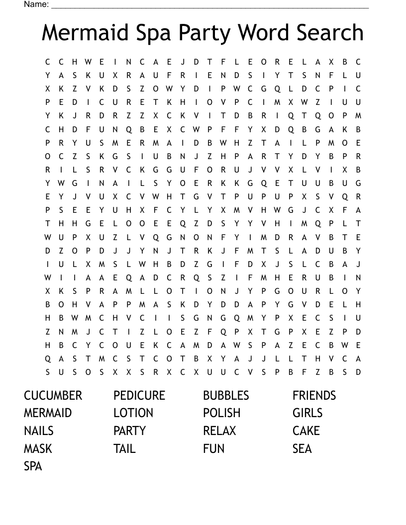 Mermaid Spa Party Word Search