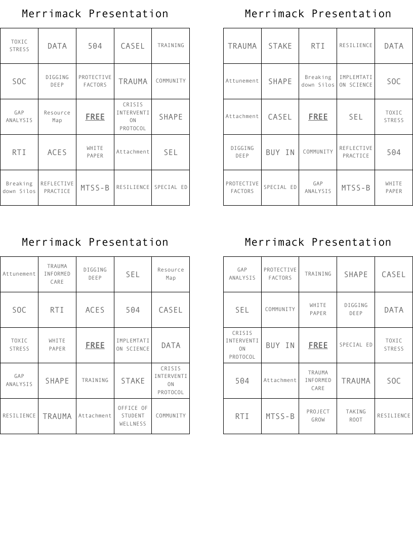 Merrimack Presentation  Bingo Cards