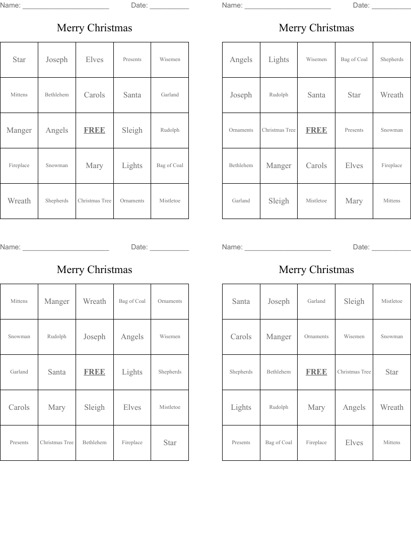 Merry Christmas Bingo Cards