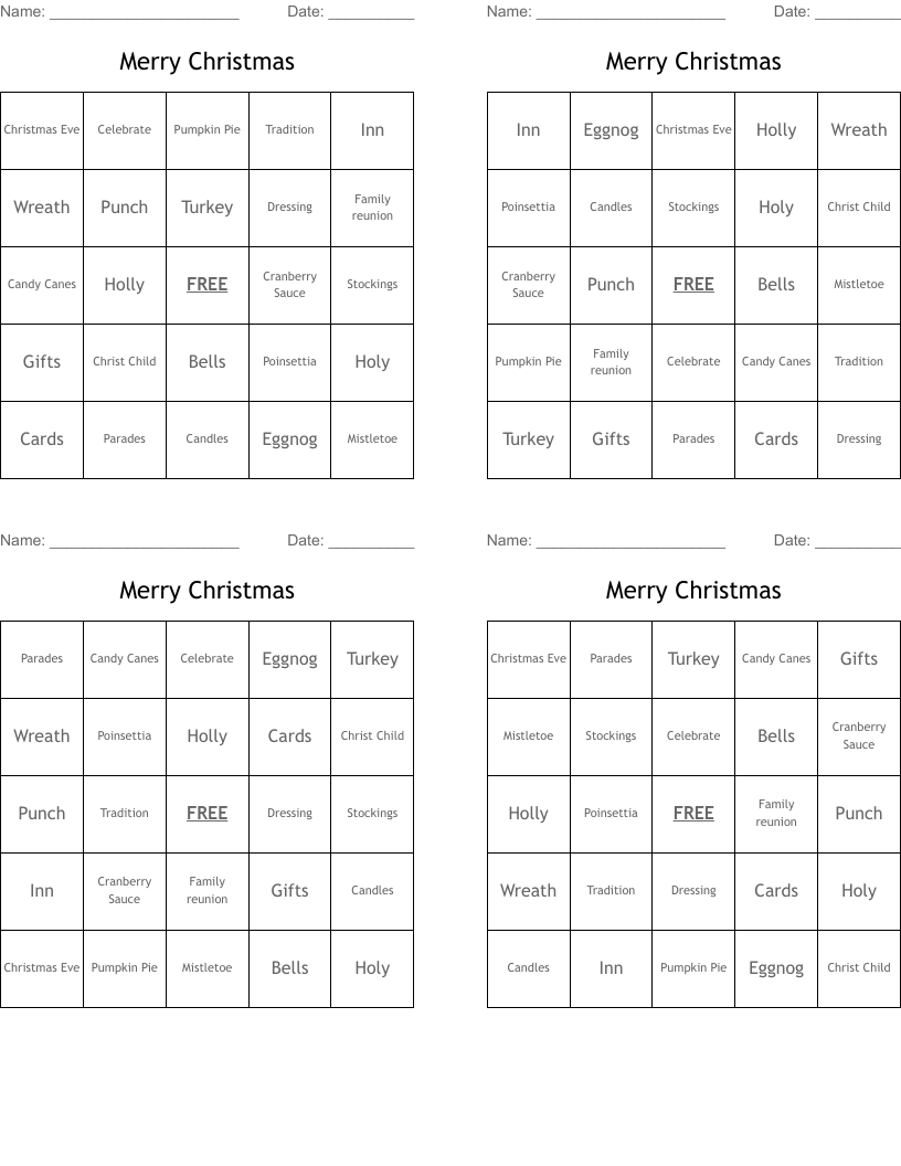 Merry Christmas Bingo Cards