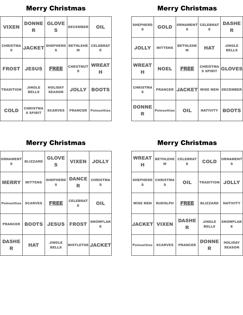Merry Christmas Bingo Cards